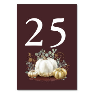 Gold Pumpkin Fall Wedding Table Number Burgundy