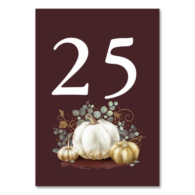 Gold Pumpkin Fall Wedding Table Number Burgundy (Front)