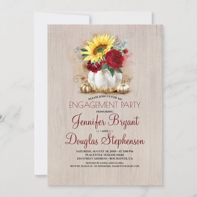 Gold Pumpkin Floral Rustic Fall Engagement Party Invitation (Front)