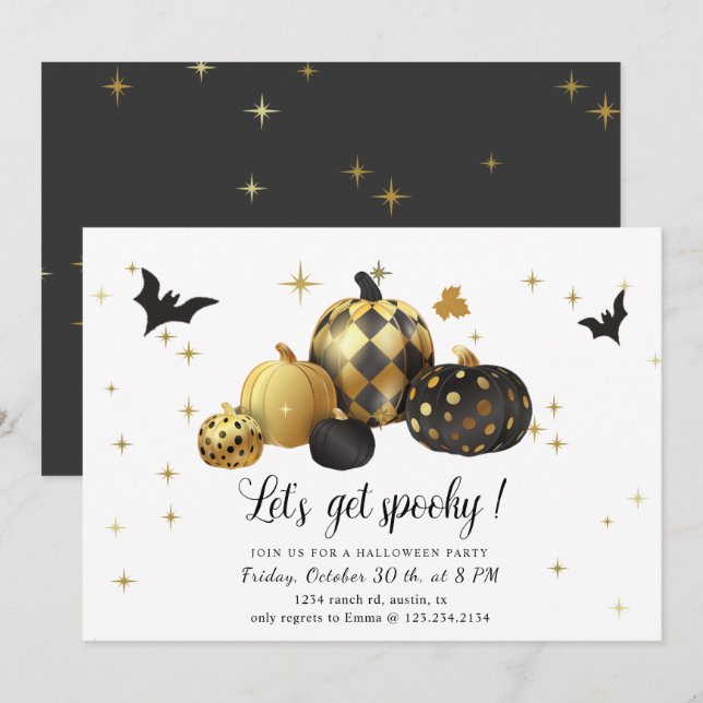 Gold Pumpkin Let's Get Spooky Halloween Party Invitation (Front/Back)
