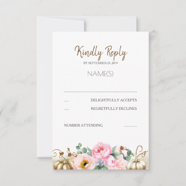 Gold Pumpkin Pink Floral Vase Fall Wedding RSVP Card (Front)