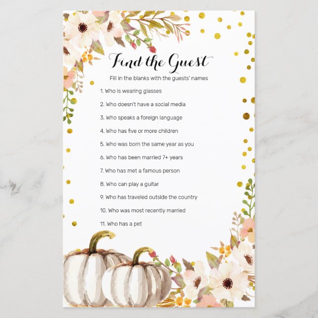 Gold pumpkin Watercolor Find the Guest game (Front)