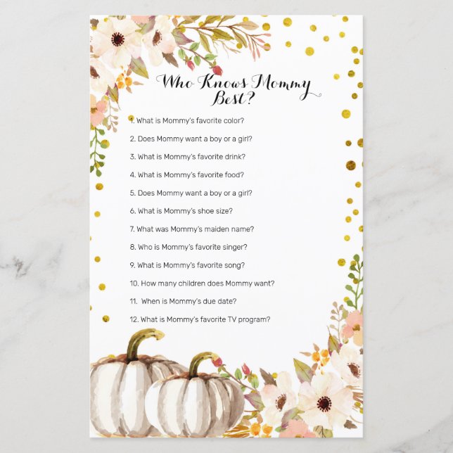 Gold pumpkin Watercolor Who Knows Mommy Best Game (Front)