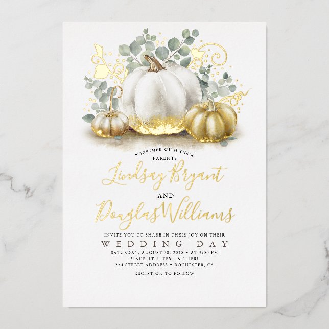Gold Pumpkins and Eucalyptus Greenery Fall Wedding (Front)