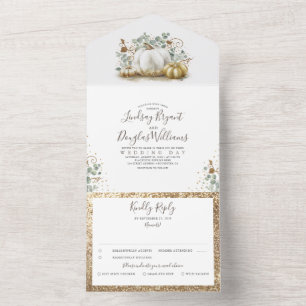 Gold Pumpkins and Eucalyptus Leaves Fall Wedding All In One Invitation