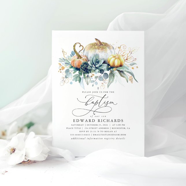 Gold Pumpkins and Succulents Greenery Fall Baptism Invitation (Pumpkins Greenery Baptism Invitations)