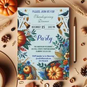 Gold Pumpkins Blue Bird Thanksgiving Dinner Party Invitation