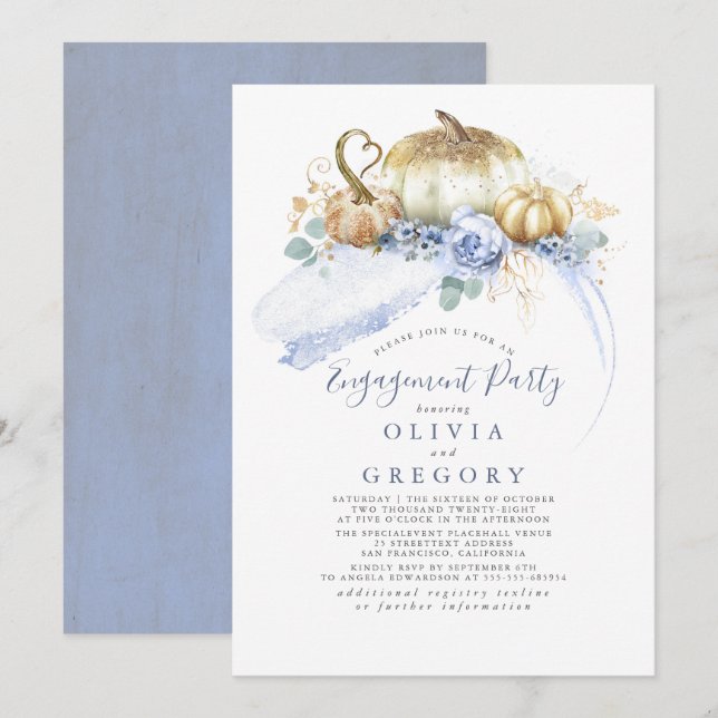 Gold Pumpkins Dusty Blue Fall Engagement Party Invitation (Front/Back)