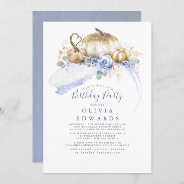 Gold Pumpkins Dusty Blue Floral Fall Birthday Invitation (Front/Back)