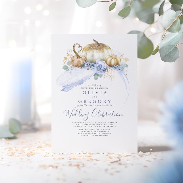 Gold Pumpkins Dusty Blue Floral Fall Wedding Invitation (Gold Pumpkins and Dusty Blue Flowers Fall Wedding Invitations)
