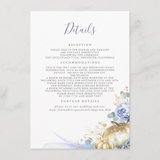 Gold Pumpkins Dusty Blue Floral Wedding Details Enclosure Card (Front)