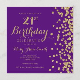 Gold Purple 21st Birthday Faux Glitter Confetti Invitation
