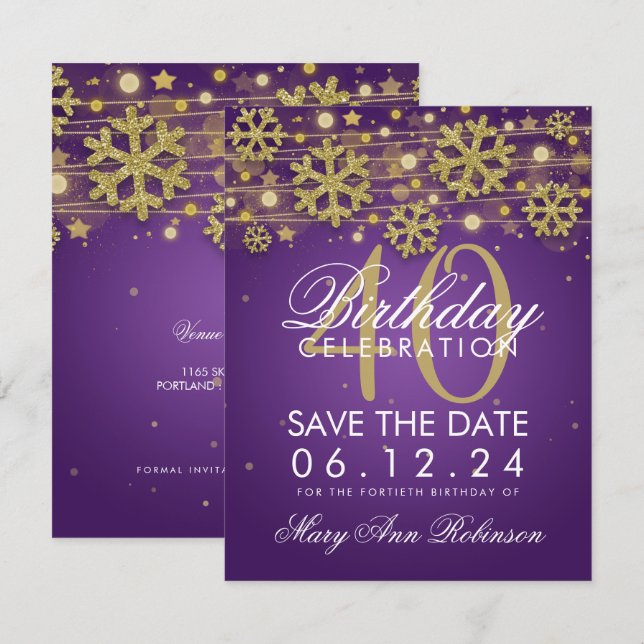 Gold Purple 40th Birthday Save Date Winter Invitation (Front/Back)