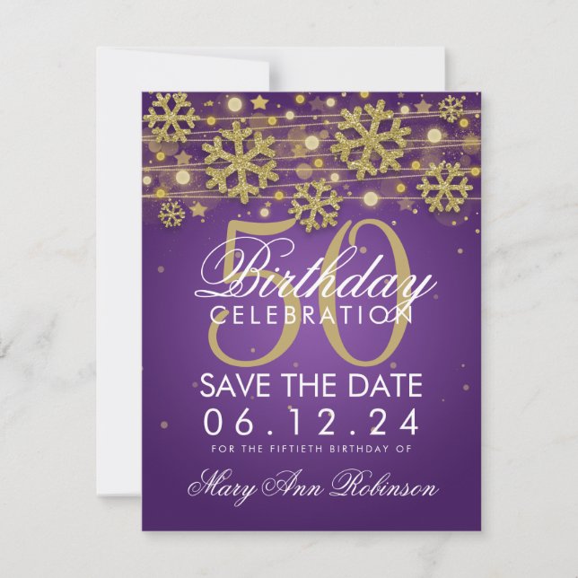Gold Purple 50th Birthday Save Date Winter Save The Date (Front)