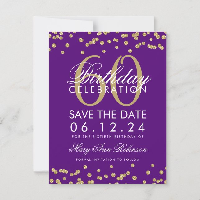 Gold Purple 60th Birthday Save Date Confetti Save The Date (Front)
