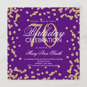 Gold Purple 70th Birthday Glitter Confetti Invitation