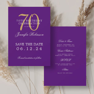 Gold Purple 70th Birthday Save the Date w/ Details Invitation