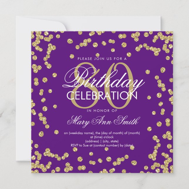 Gold Purple 80th Birthday Glitter Confetti Invitation (Front)