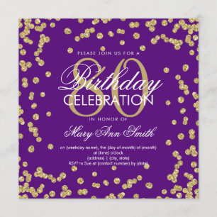 Gold Purple 80th Birthday Glitter Confetti Invitation