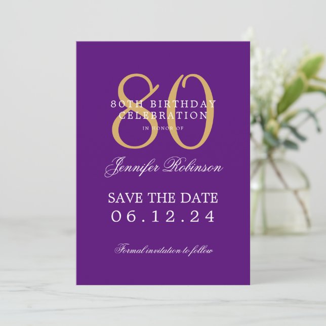 Gold Purple 80th Birthday Save the Date Details Invitation (Standing Front)
