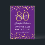 Gold Purple 80th Birthday Save the Date Details Invitation<br><div class="desc">Elegant "70th Birthday Party" design with faux glitter confetti & details text. Easy to use and easy to personalize. Order Today!</div>