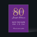 Gold Purple 80th Birthday Save the Date  Invitation<br><div class="desc">Elegant "80th Birthday Party" design with a formal typography script,  custom name,  and detailed text. Easy to use and easy to personalize. Order Today!</div>