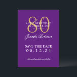 Gold Purple 80th Birthday Save the Date  Invitation<br><div class="desc">Elegant "80th Birthday Party" design with a formal typography script,  custom name,  and detailed text. Easy to use and easy to personalize. Order Today!</div>