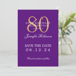 Gold Purple 80th Birthday Save the Date  Invitation