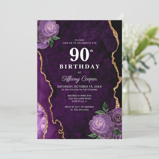 Gold Purple Agate 90th Birthday Invitation (Standing Front)