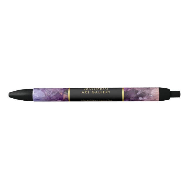 Gold purple amethyst gemstone professional black ink pen (Front)