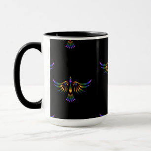 Gold, purple and green abstract bird on black mug