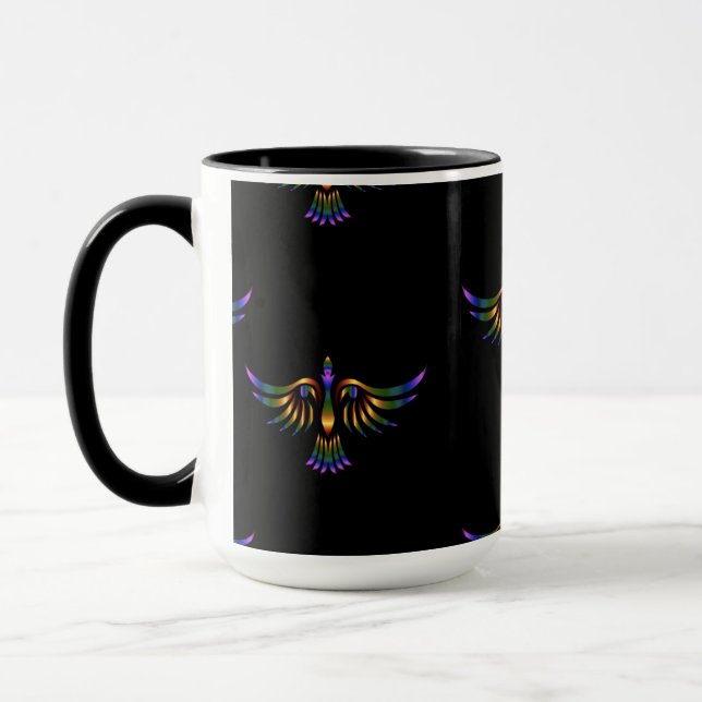 Gold, purple and green abstract bird on black mug (Left)