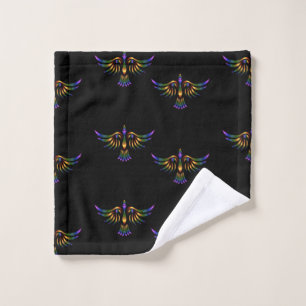 Gold, purple and green abstract bird on black wash cloth