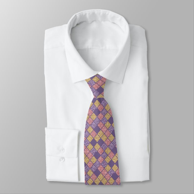 Gold Purple and Pink Glittery Sparkle New Years Tie (Tied)