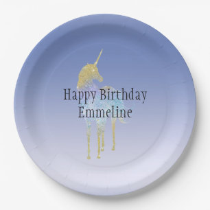 Gold Purple Aqua Glitter Unicorn Paper Plate