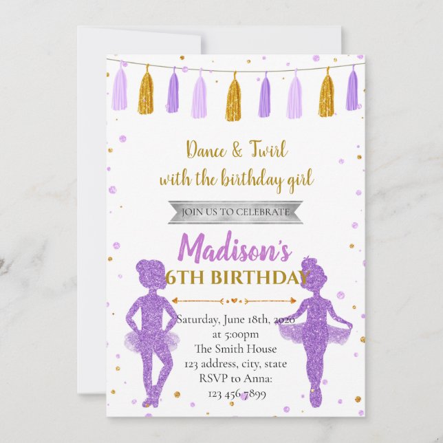 Gold purple ballerina party invitation (Front)