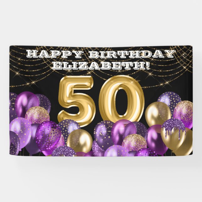 Gold Purple Balloons 50th Happy Birthday Banner (Horizontal)