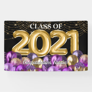 Gold Purple Balloons Graduation Class of 2021 Banner