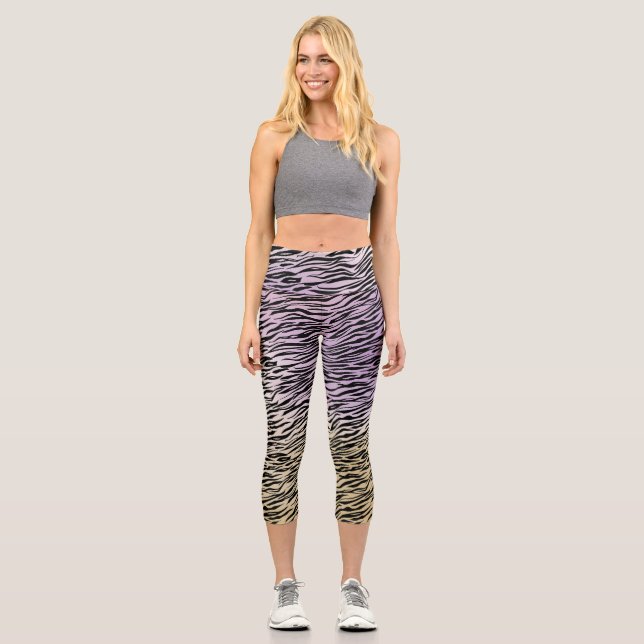 Gold Purple Black Zebra Print Watercolor Ombre Capri Leggings (Front)