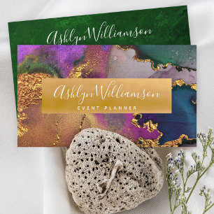 Gold purple blue green modern agate watercolor business card