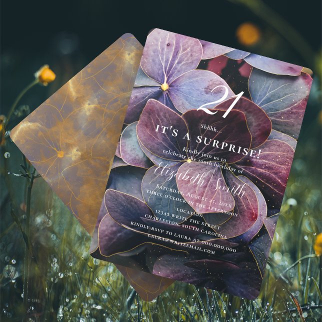 Gold Purple Blue Hydrangea Surprise 21st Birthday Invitation (Creator Uploaded)