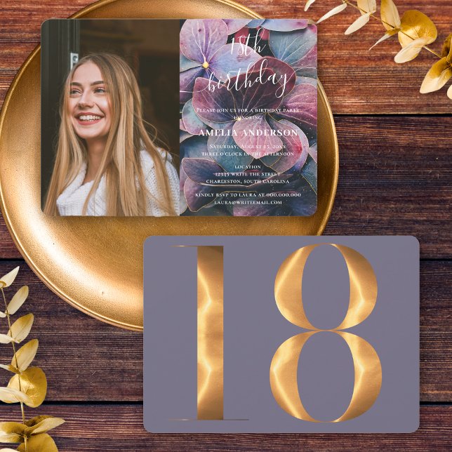 Gold Purple Blue Hydrangeas 18th Birthday Photo Invitation (Front / Back)