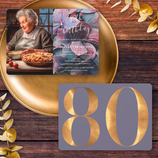 Gold Purple Blue Hydrangeas 80th Birthday Photo Invitation (Front / Back)