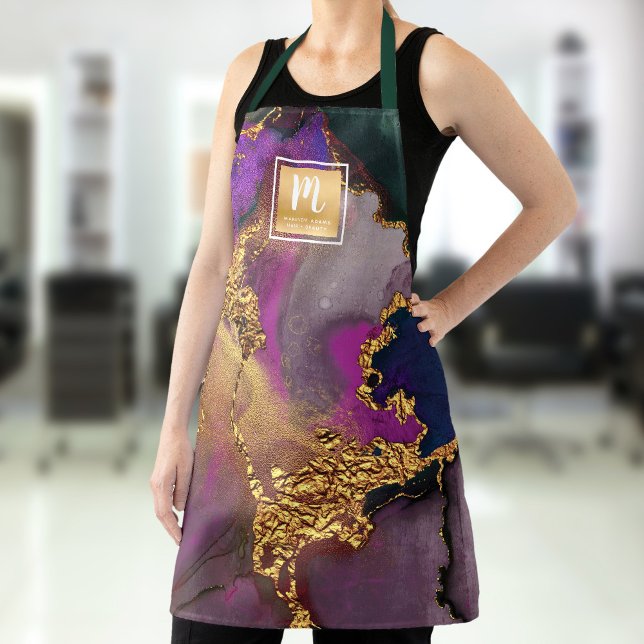 Gold purple blue salon monogram agate watercolor apron (Creator Uploaded)