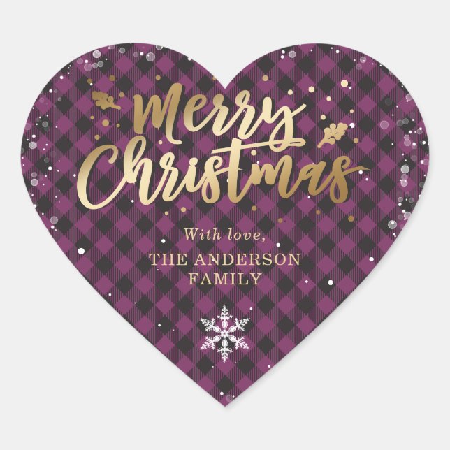 Gold Purple Buffalo Plaid Snowflake Christmas Heart Sticker (Front)