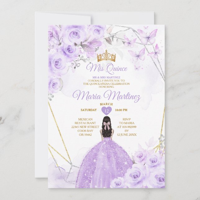 Gold & Purple Butterflies Princess Quiñceanera Invitation (Front)