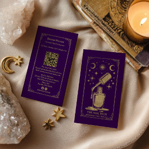 Gold Purple Celestial Tarot Nail artist QR Code Business Card
