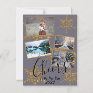 Gold Purple Cheers Snowflake 4 Photos Holiday Postcard