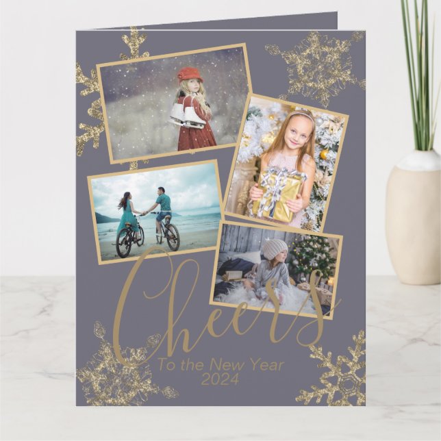 Gold Purple Cheers to the New Year Snowflake Photo Card (Front)