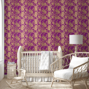 Gold purple colour floral flower peel and stick wallpaper